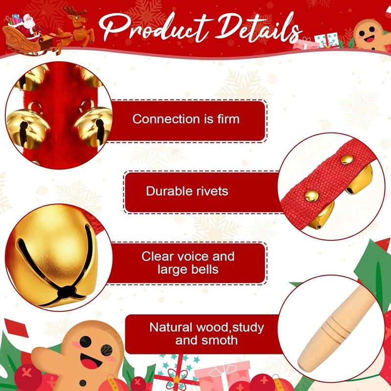 Lukmaa 12 PCS Christmas Hand Jingle Bells Wooden Handle Bells Wrist Band Shaking Bell Stick Musical Percussion Instrument Bell for Xmas Holiday Music Birthday Party Favors (Red, Gold) - Image 3
